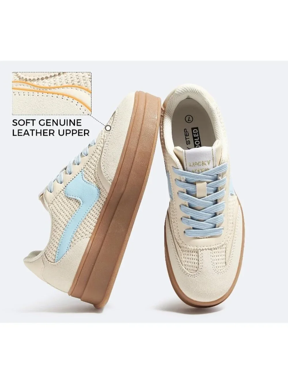 🆕Women's Beige Blue Platform Fashion Sneakers Thick Sole Casual Walking Shoes